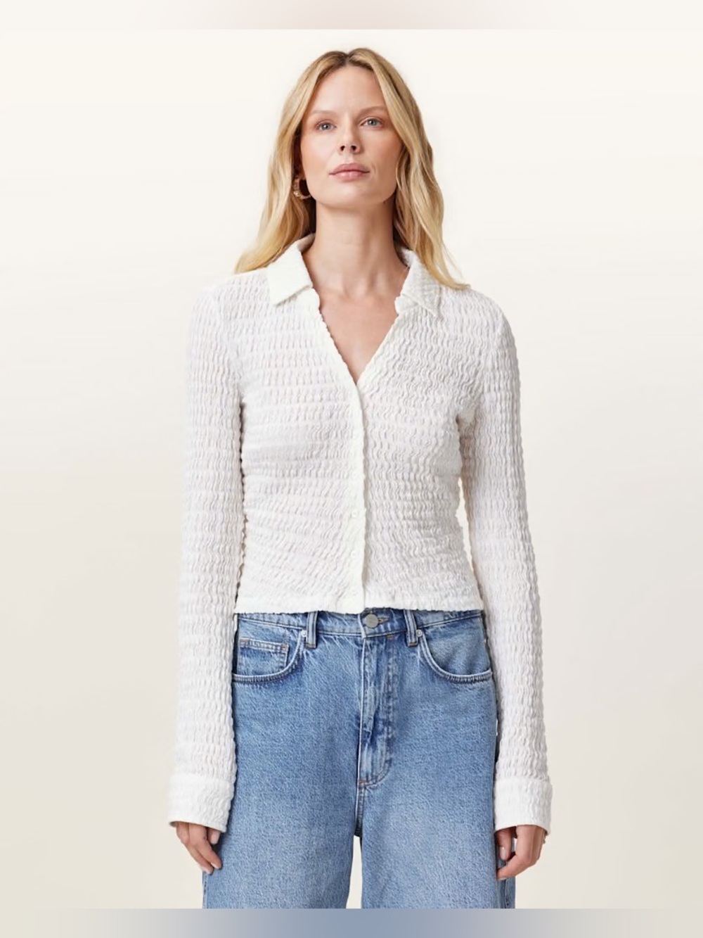 ALL SAINTS Connie Slim Fit Open Neck Shirt in Chalk White